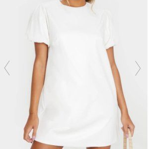 White Faux Leather Puff Sleeve Shift Dress